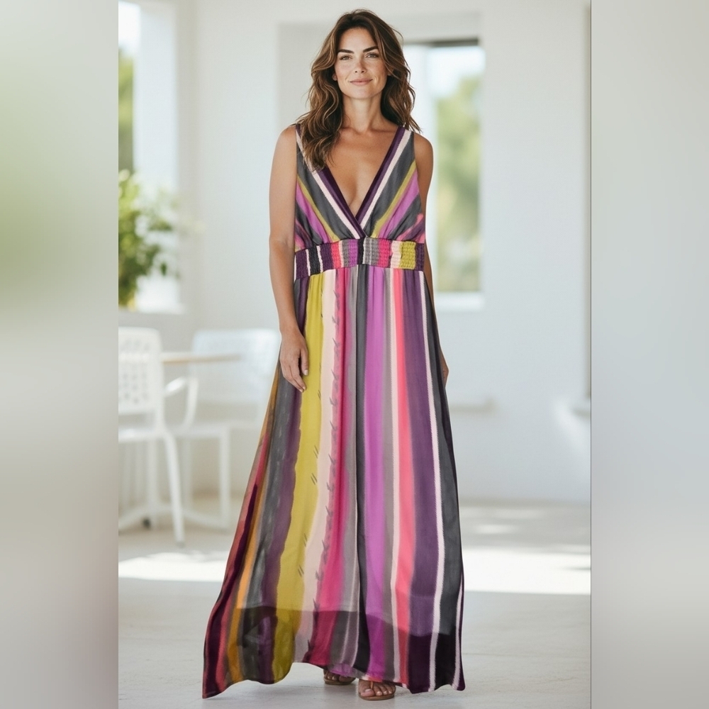 Chaudry Striped V-Neck Maxi Dress in Pink, Yellow & Purple Sz M